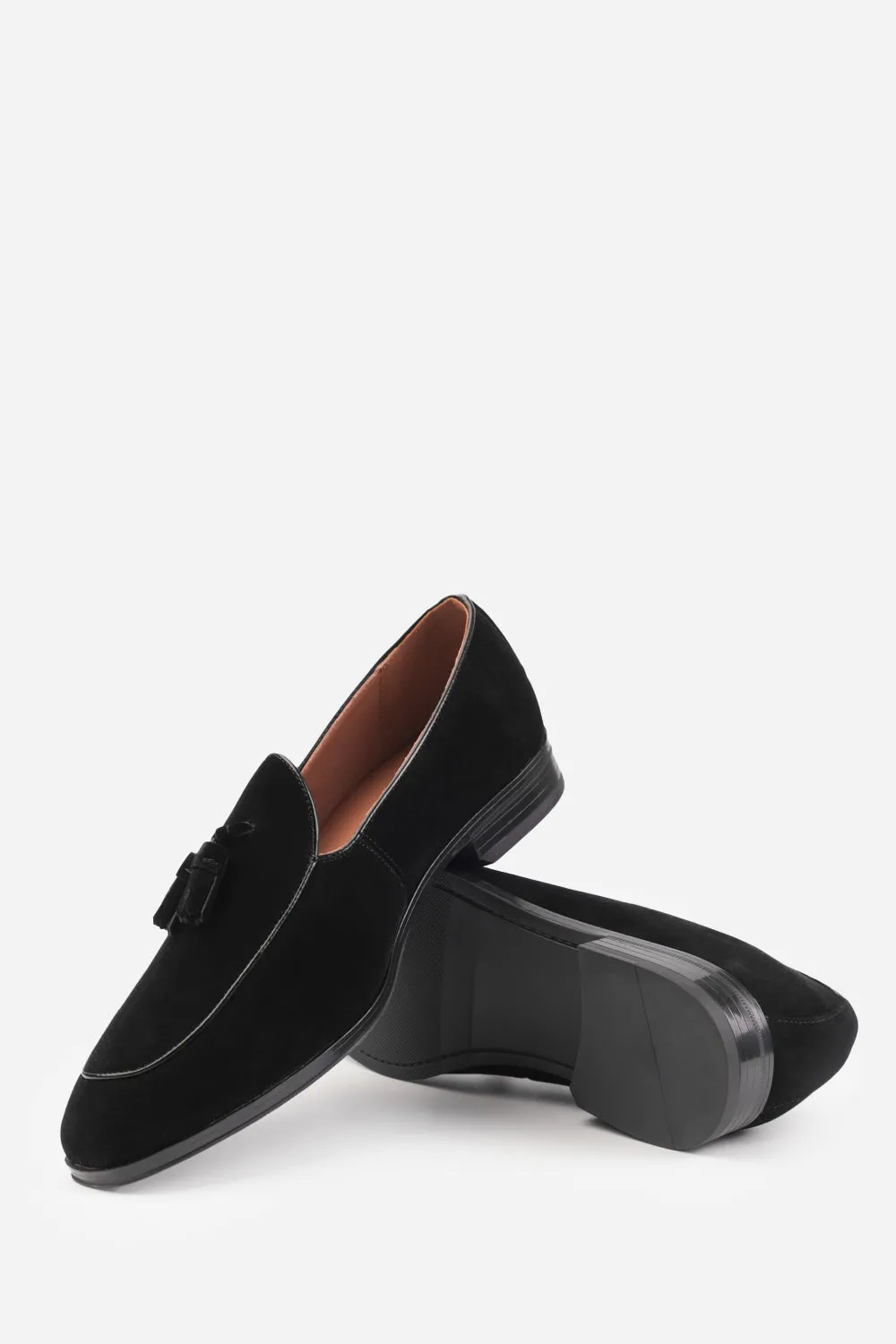 ALBERT SLIP ON TASSEL LOAFERS IN BLACK SUEDE