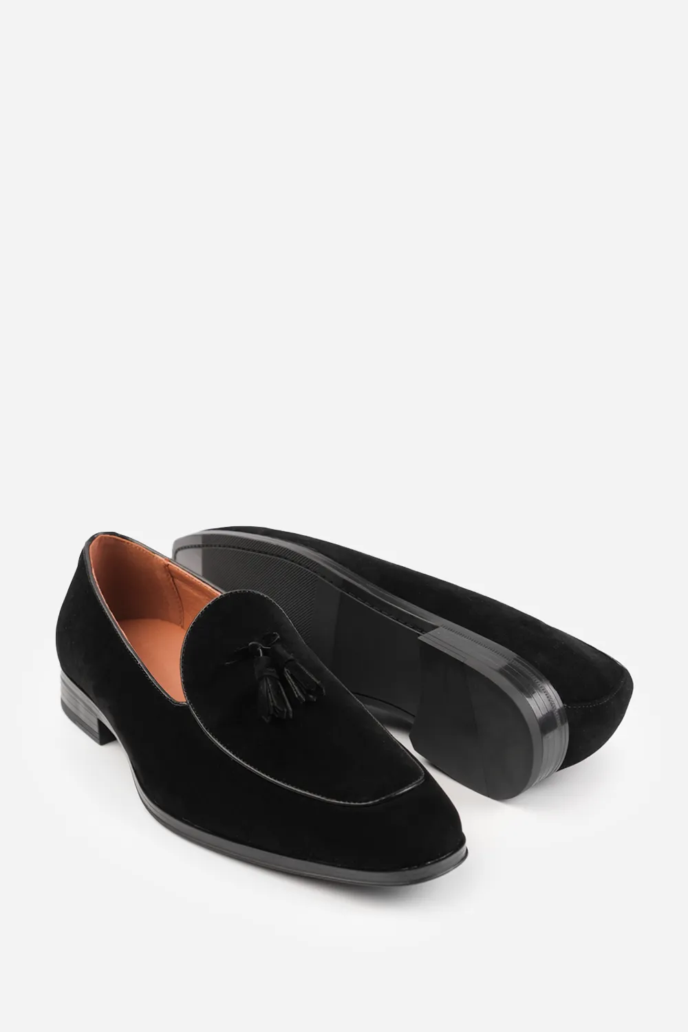 ALBERT SLIP ON TASSEL LOAFERS IN BLACK SUEDE