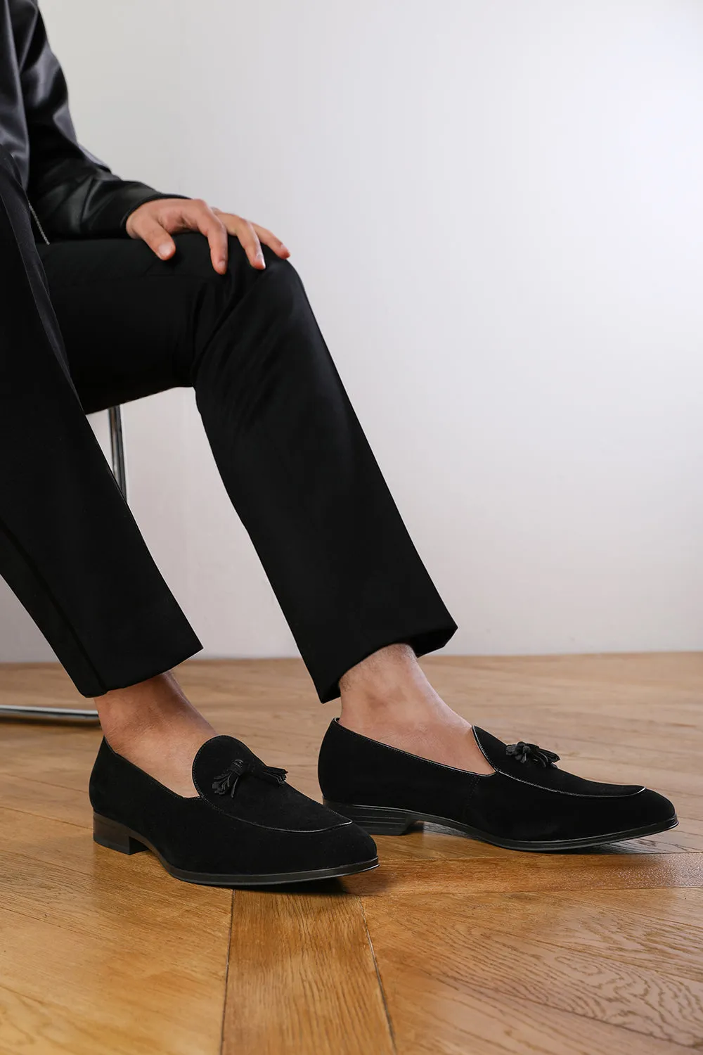 ALBERT SLIP ON TASSEL LOAFERS IN BLACK SUEDE