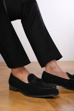 ALBERT SLIP ON TASSEL LOAFERS IN BLACK SUEDE