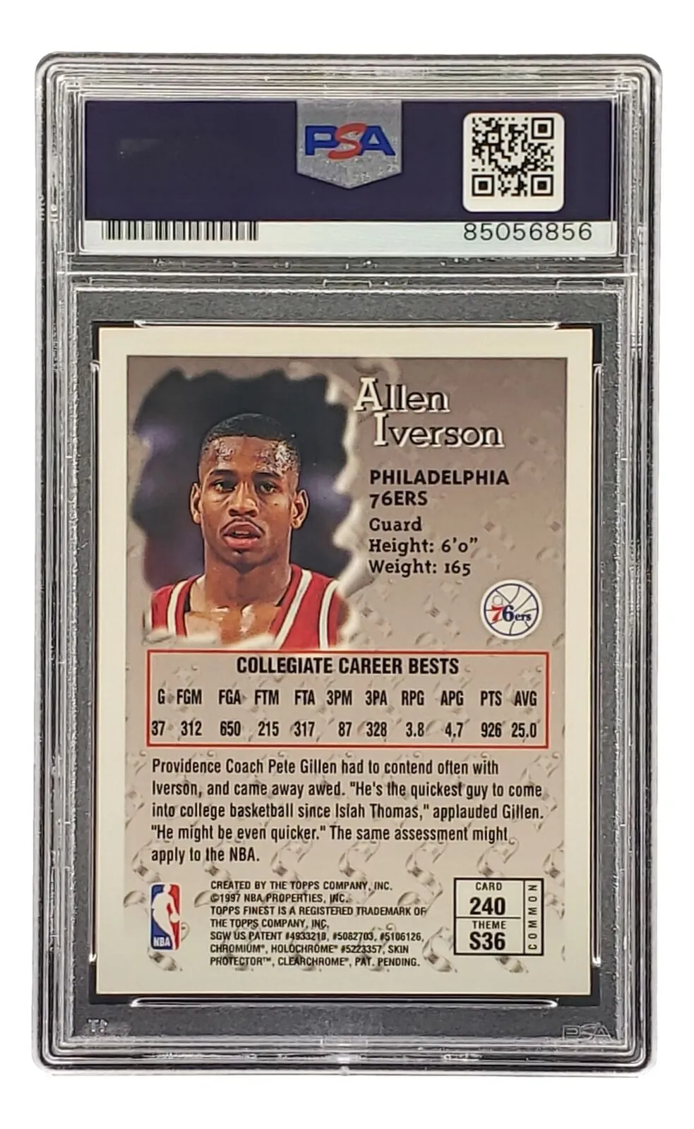 Allen Iverson Signed 1997 Topps Finest #240 76ers Rookie Card PSA/DNA