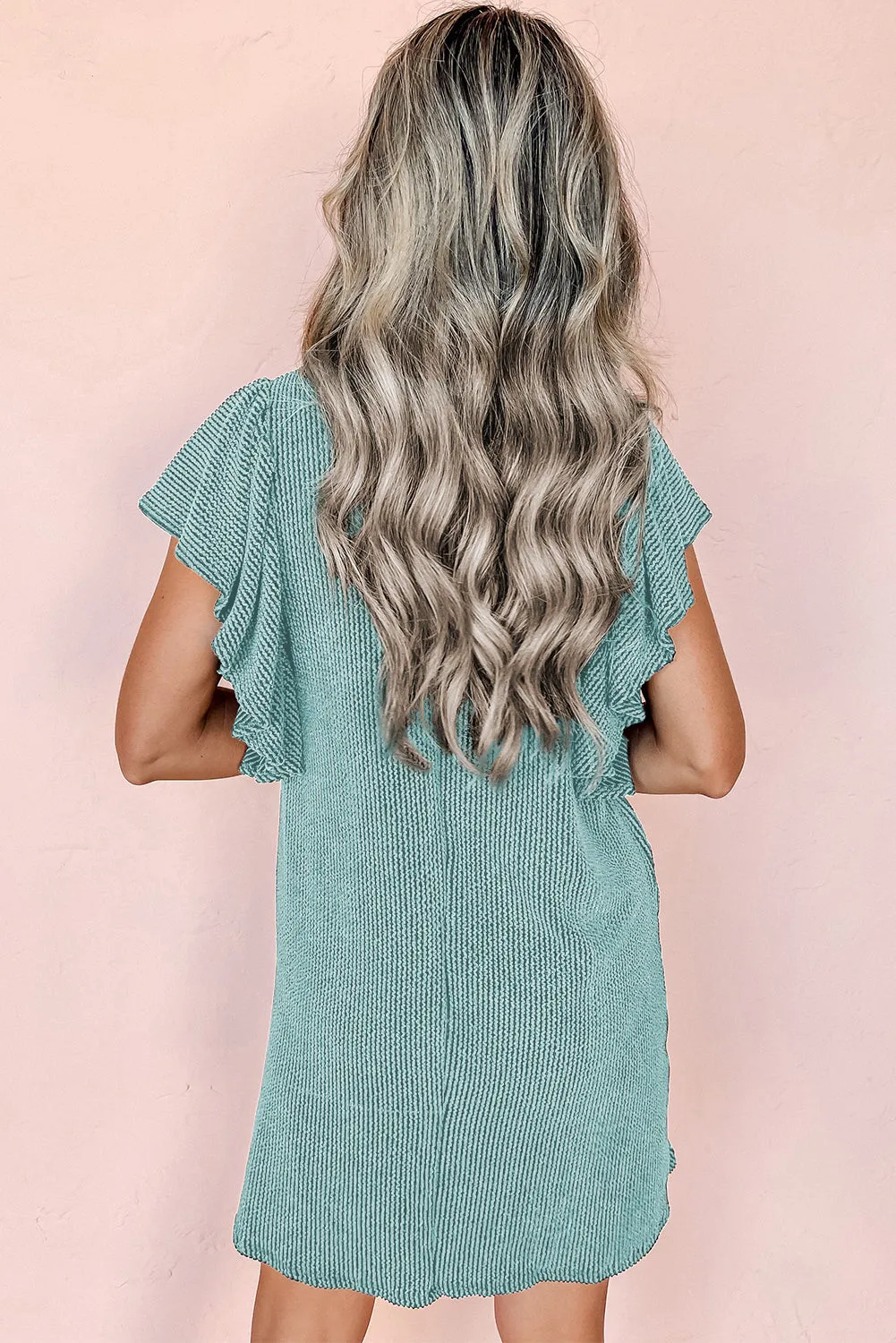 Aruba Blue Wishful Thinking Ribbed Flutter Sleeve Dress