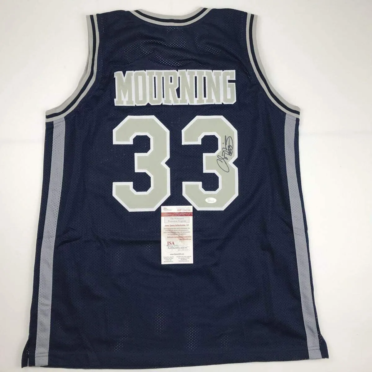 Autographed/Signed Alonzo Mourning Georgetown Blue College Basketball Jersey JSA