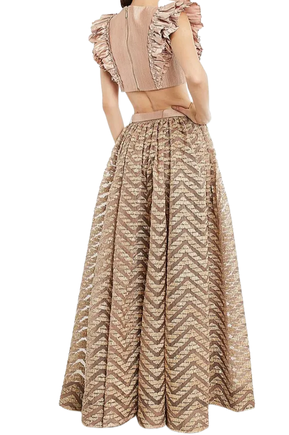 Beige & Gold Ruffled Textured Lehenga with Belt