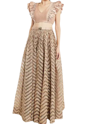 Beige & Gold Ruffled Textured Lehenga with Belt