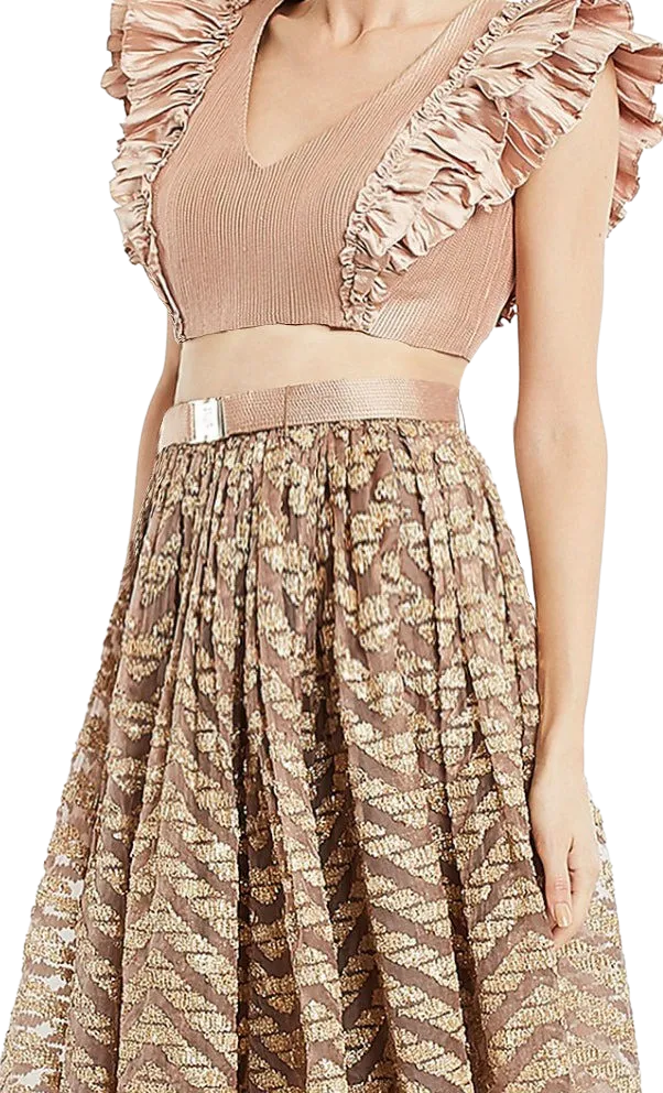 Beige & Gold Ruffled Textured Lehenga with Belt