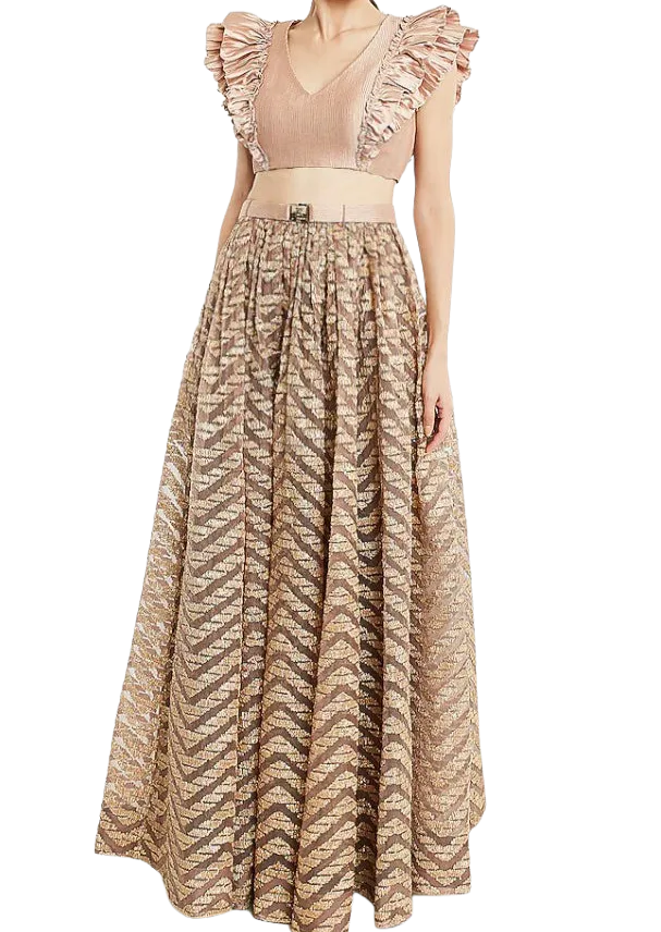 Beige & Gold Ruffled Textured Lehenga with Belt