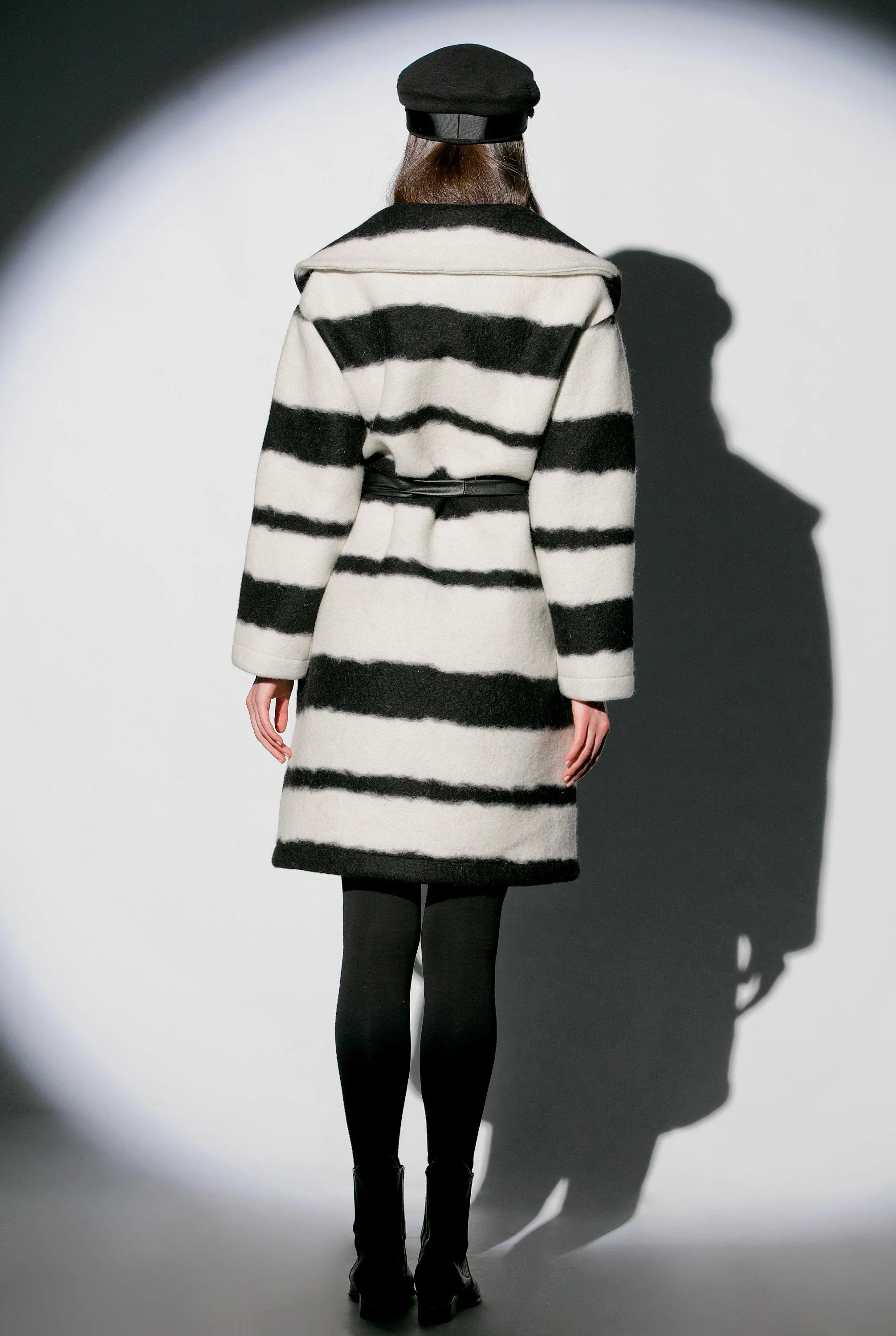 Black And White Coat, Wool Coat for Winter, Striped Coat with Belt, Plus Size Clothing, Warm Women Overcoat