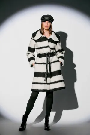Black And White Coat, Wool Coat for Winter, Striped Coat with Belt, Plus Size Clothing, Warm Women Overcoat