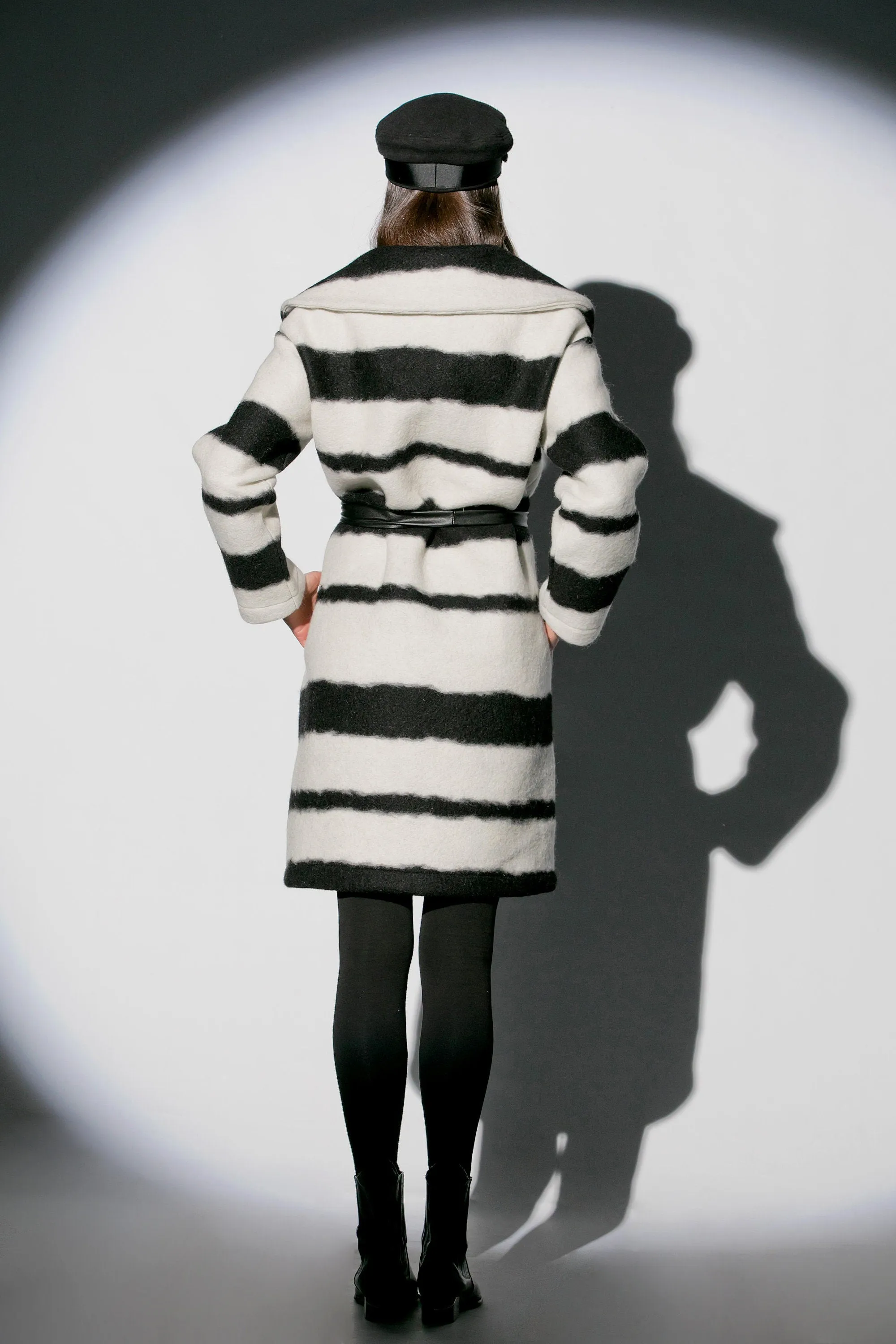 Black And White Coat, Wool Coat for Winter, Striped Coat with Belt, Plus Size Clothing, Warm Women Overcoat