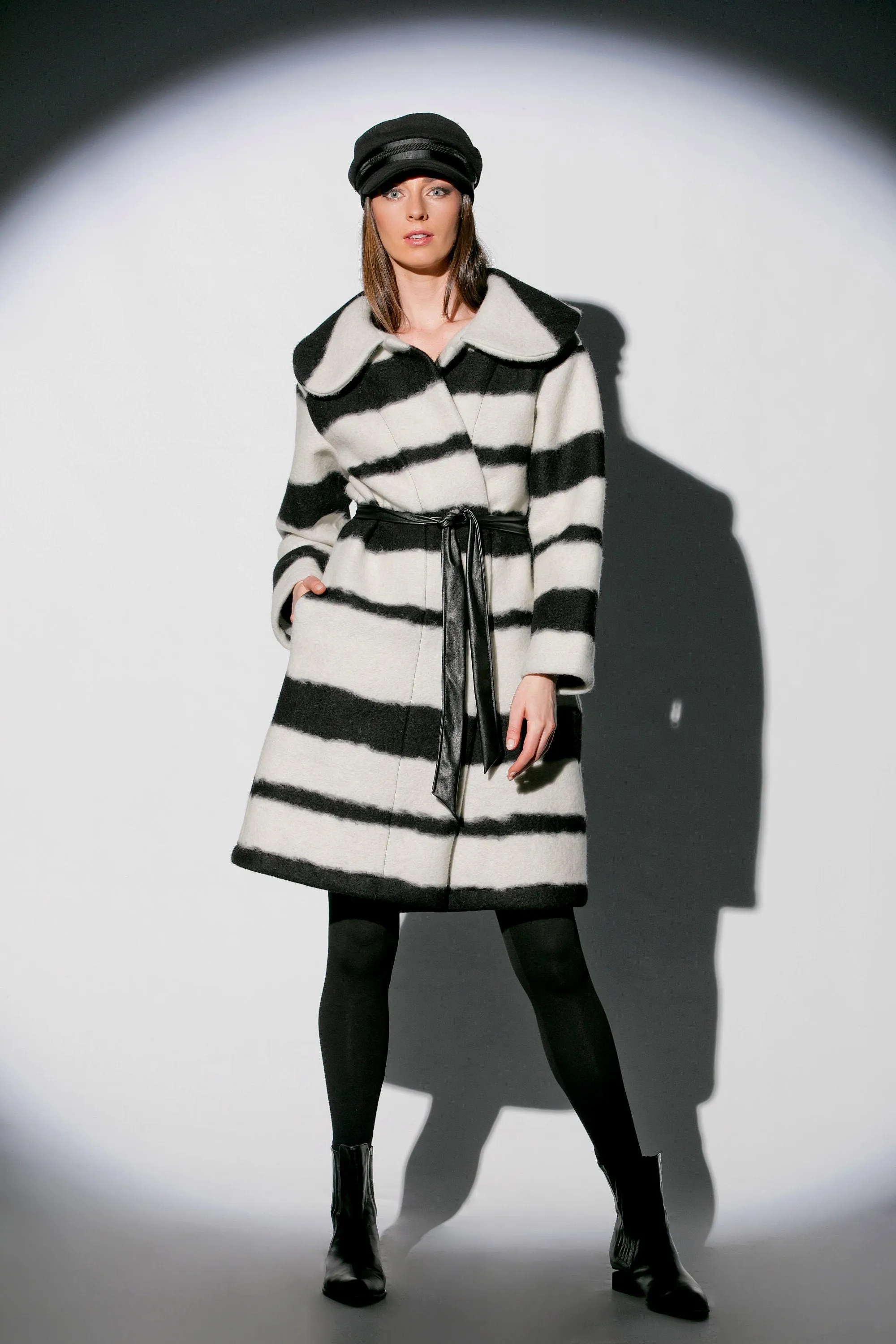 Black And White Coat, Wool Coat for Winter, Striped Coat with Belt, Plus Size Clothing, Warm Women Overcoat