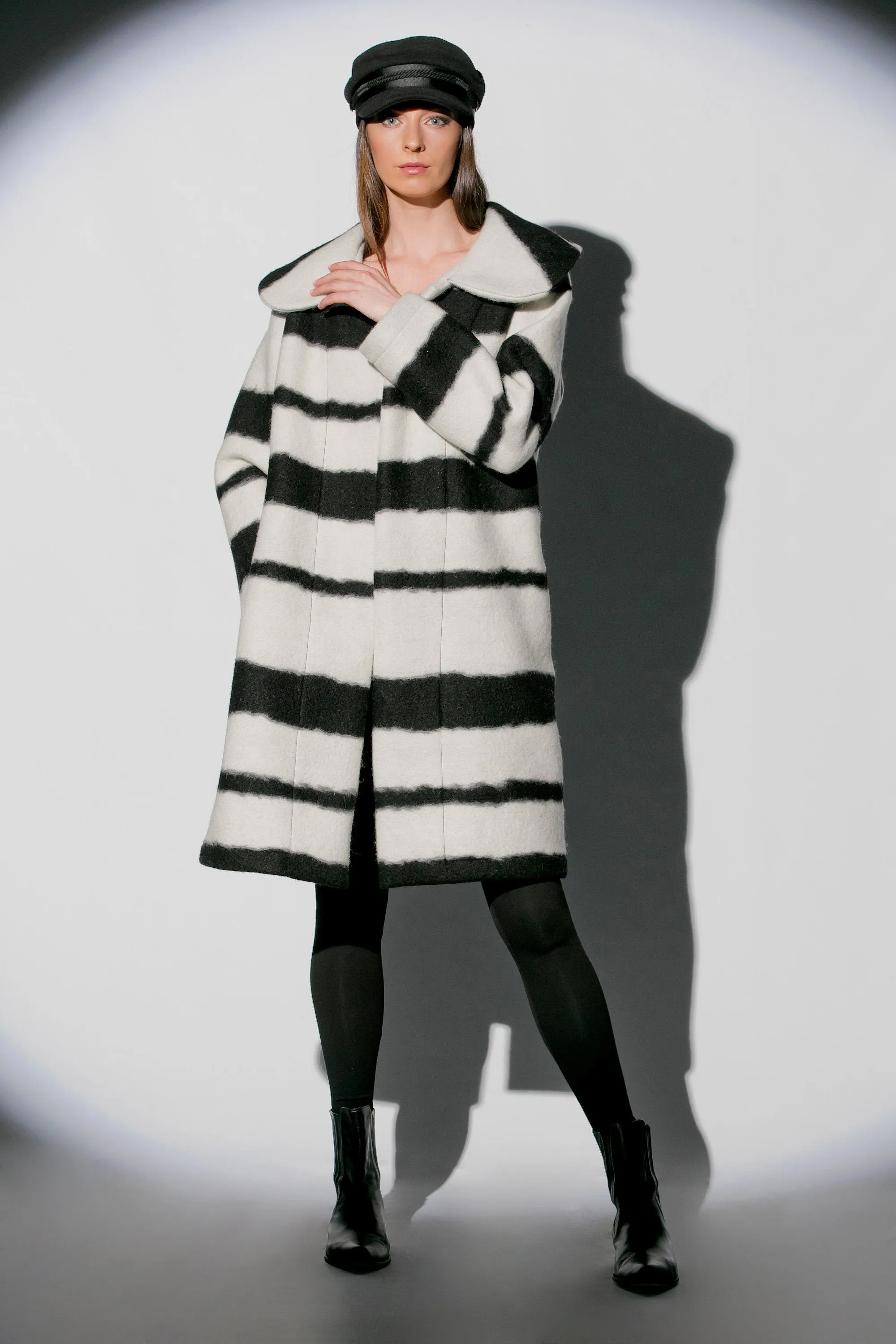Black And White Coat, Wool Coat for Winter, Striped Coat with Belt, Plus Size Clothing, Warm Women Overcoat