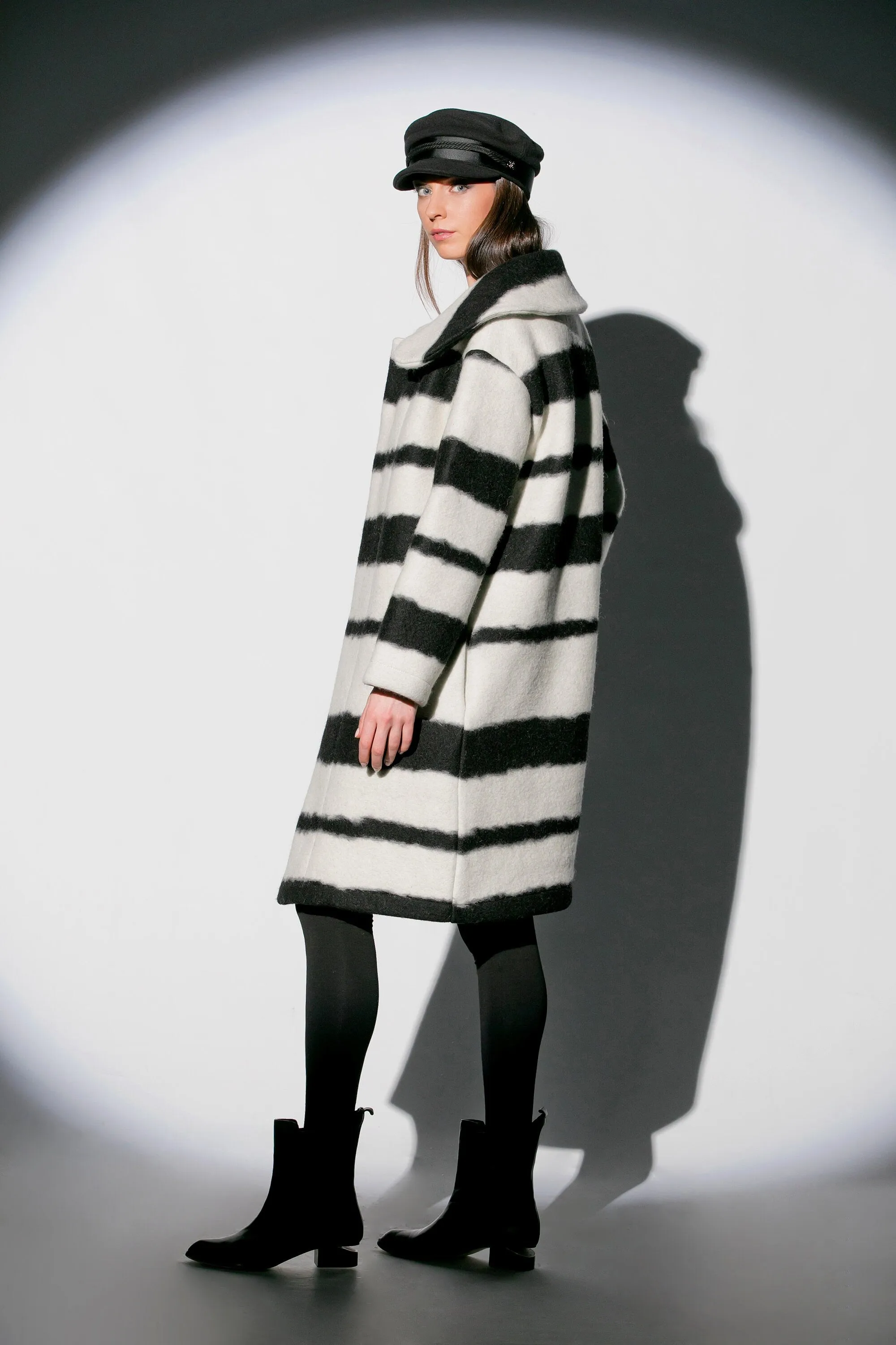 Black And White Coat, Wool Coat for Winter, Striped Coat with Belt, Plus Size Clothing, Warm Women Overcoat