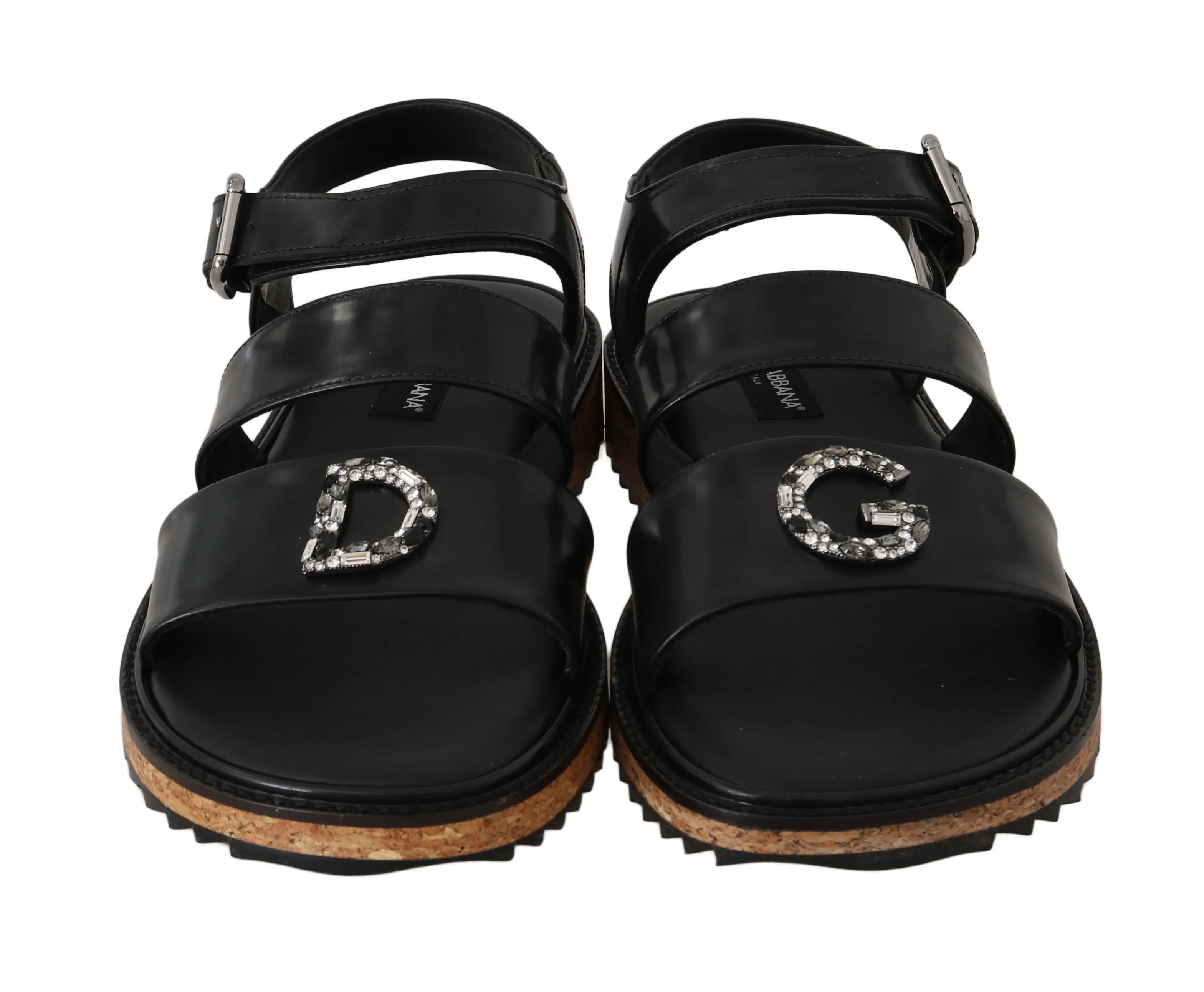 Black Leather Strap Crystal Sandals