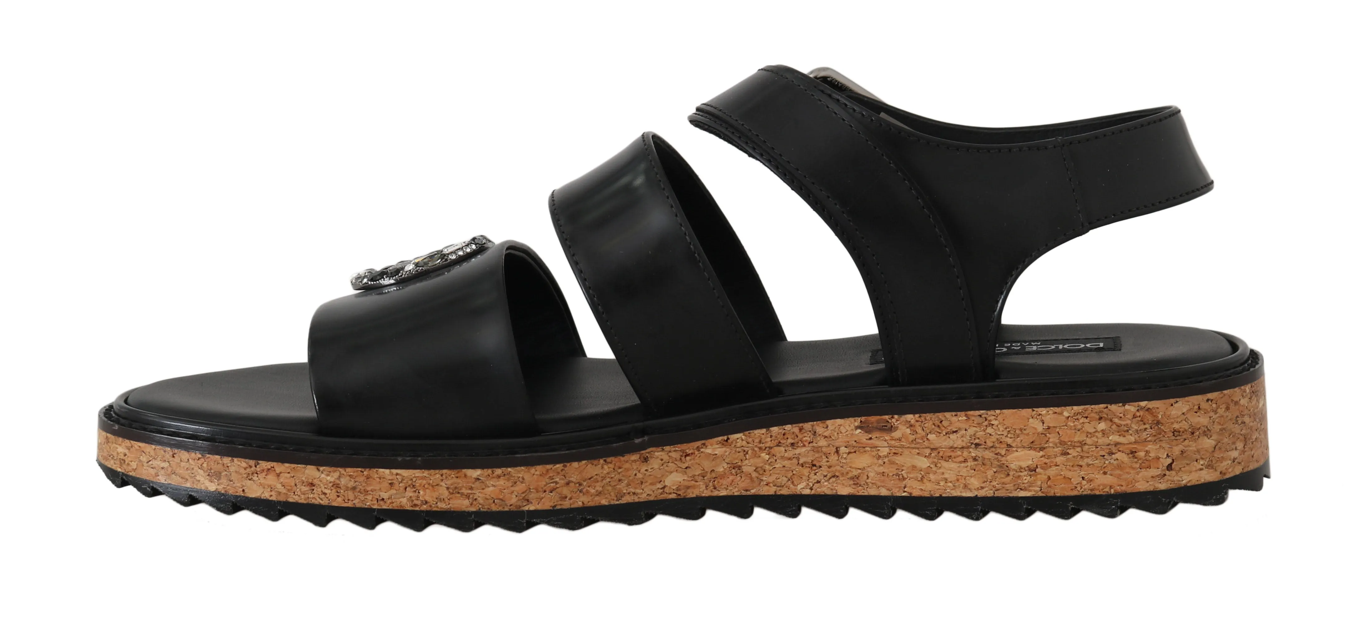 Black Leather Strap Crystal Sandals