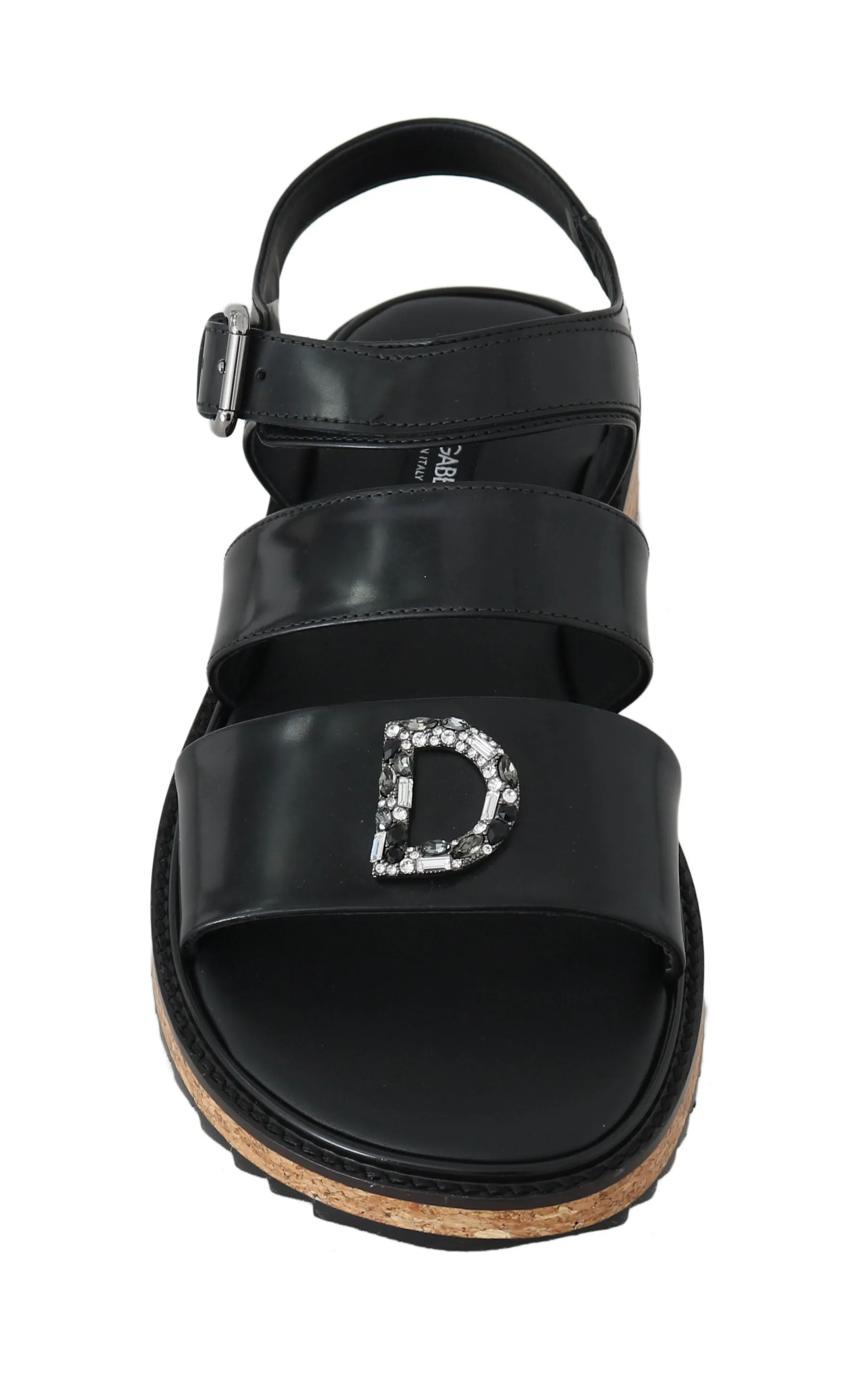 Black Leather Strap Crystal Sandals