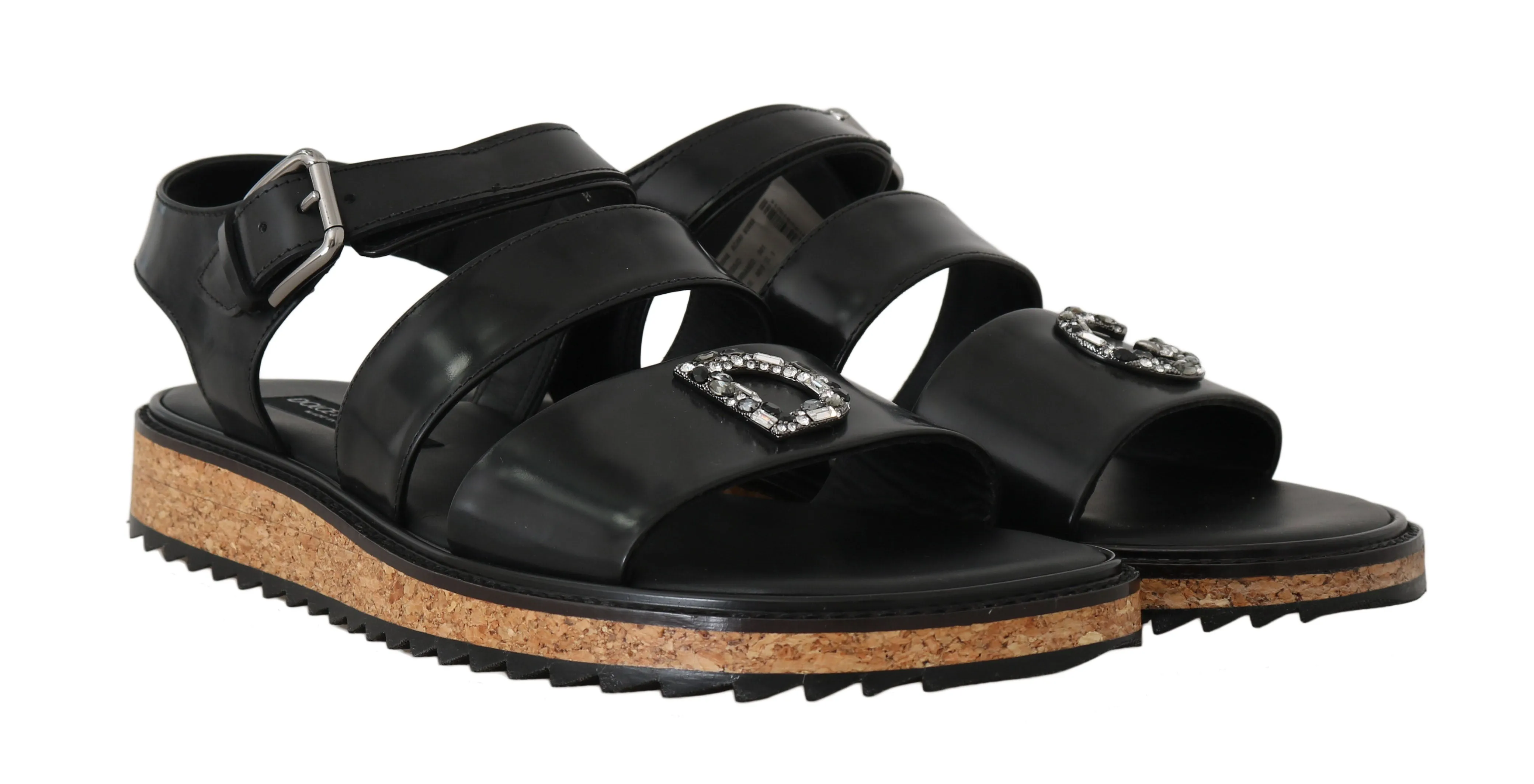 Black Leather Strap Crystal Sandals