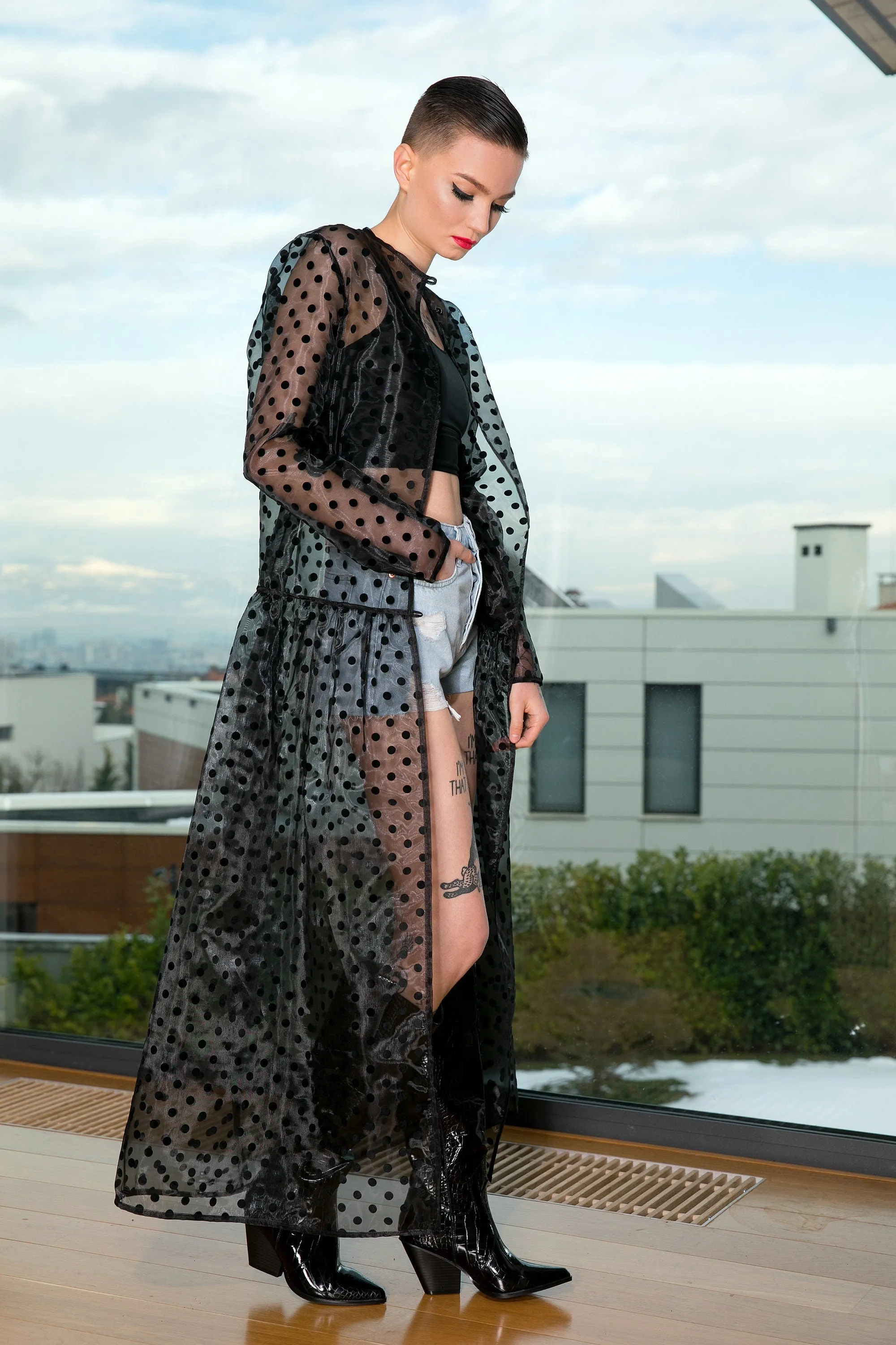 Black Sheer Cover Up, Organza Dress, Polka Dot Cover Up, See Through Maxi Dress with Long Sleeves, Avant Garde Clothing, Futuristic Clothing