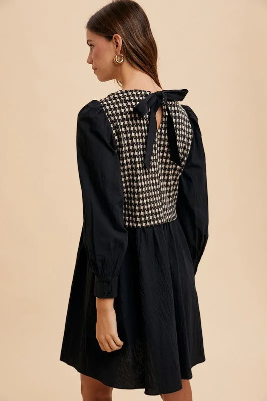 Black Tie Back Plaid Round Neck Mini Dress