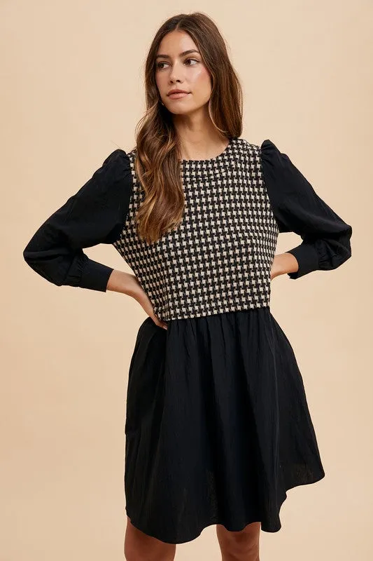Black Tie Back Plaid Round Neck Mini Dress