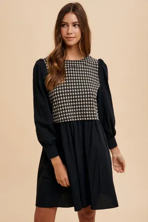 Black Tie Back Plaid Round Neck Mini Dress