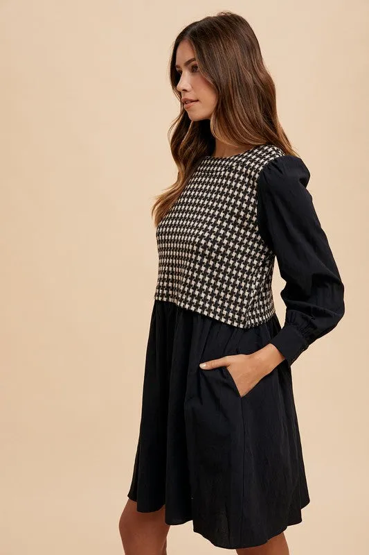 Black Tie Back Plaid Round Neck Mini Dress