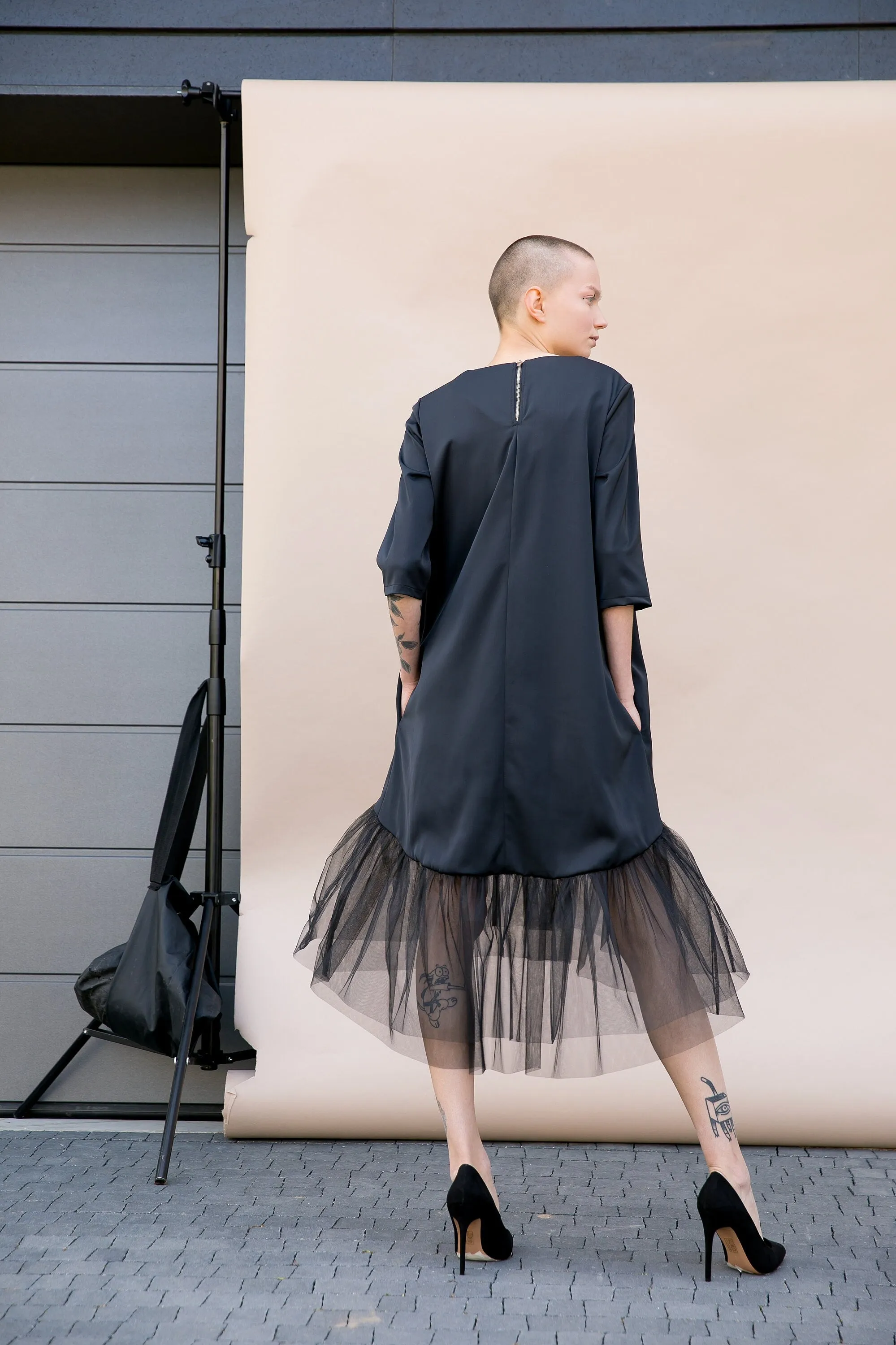 Black Tulle Dress, Asymmetric Dress, Avant Garde Clothing, Gothic Dress, Halloween Dress, Loose Dress, Futuristic Clothing for Woman
