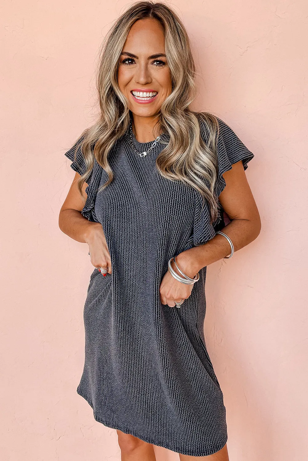 Black Wishful Thinking Ribbed Flutter Sleeve Dress