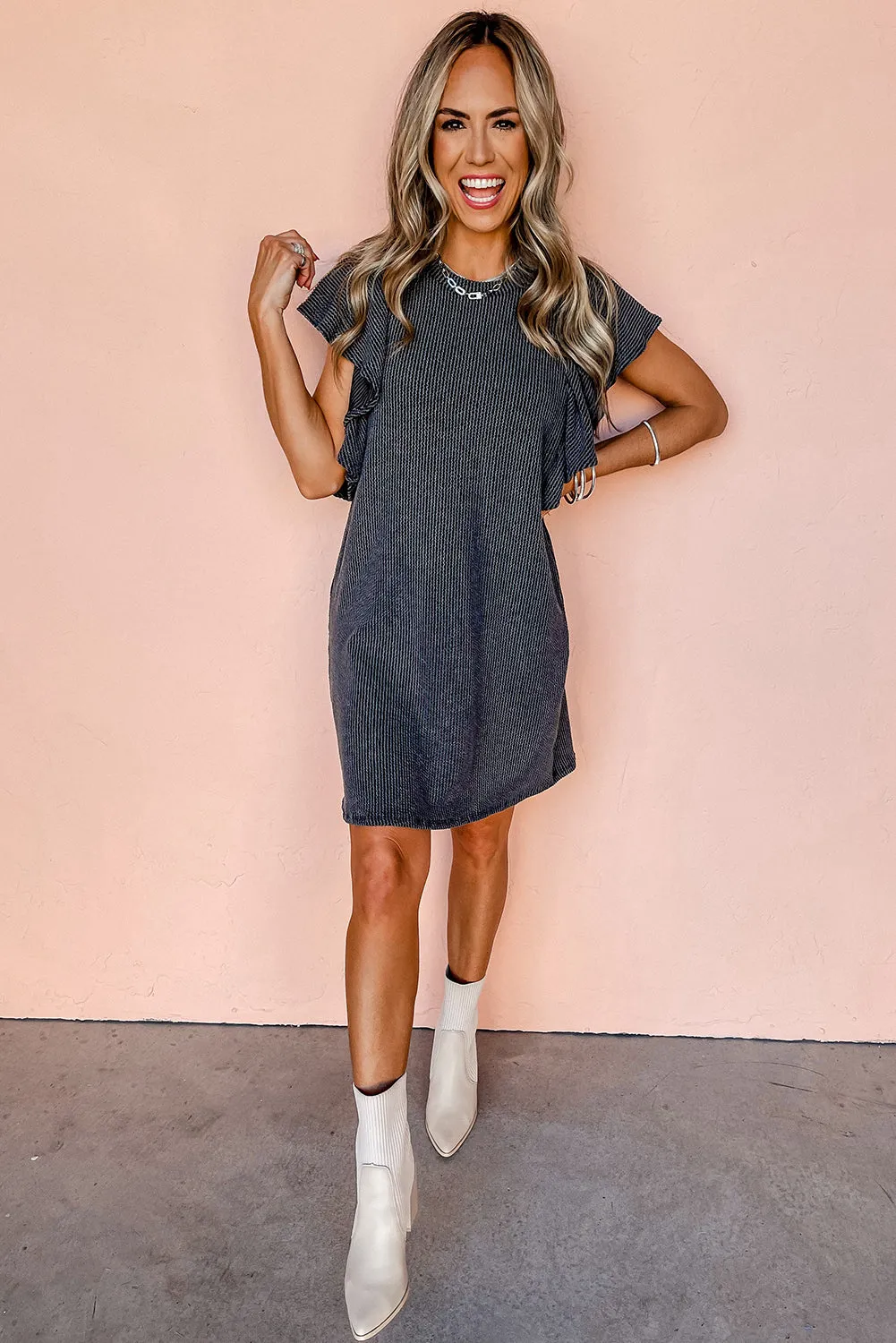 Black Wishful Thinking Ribbed Flutter Sleeve Dress