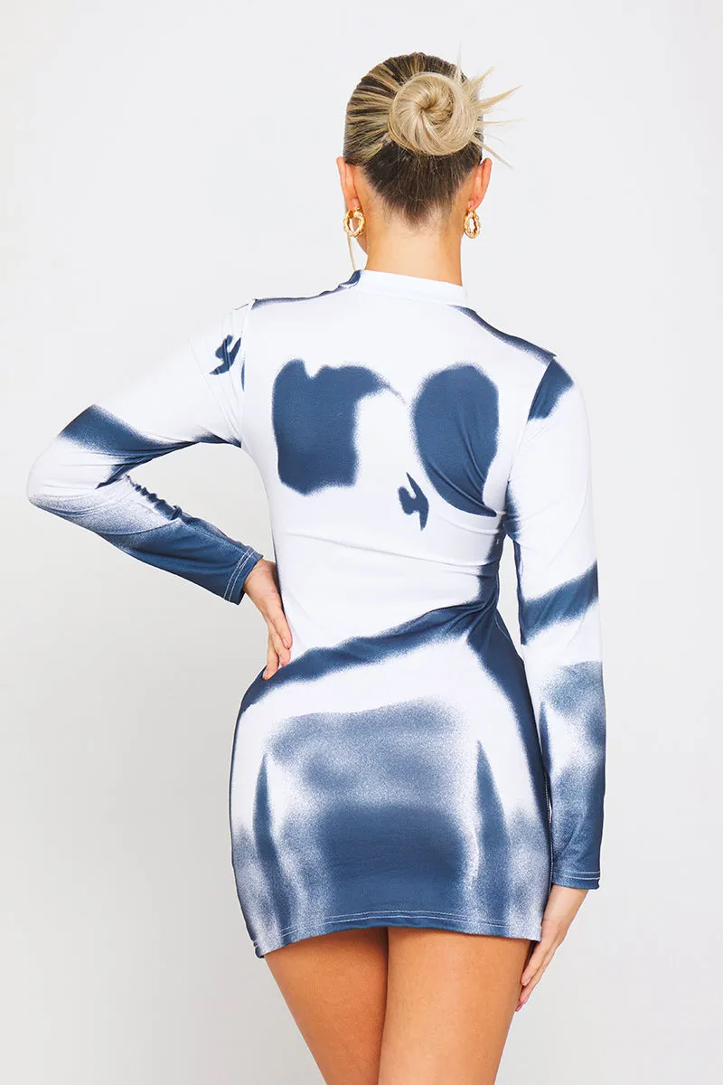 Blue & White Abstract Print Long-Sleeve Mini Dress | Futuristic & Bold | Trend-Setter Look