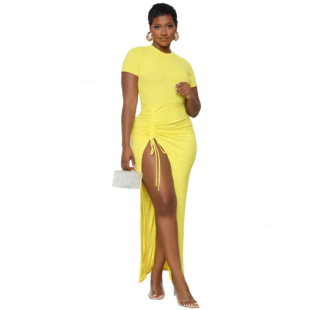 Callista Ruched Drawstring Slit Bodycon Maxi Dress