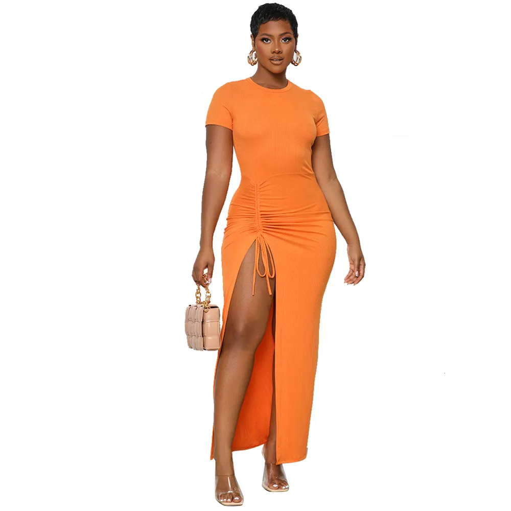 Callista Ruched Drawstring Slit Bodycon Maxi Dress