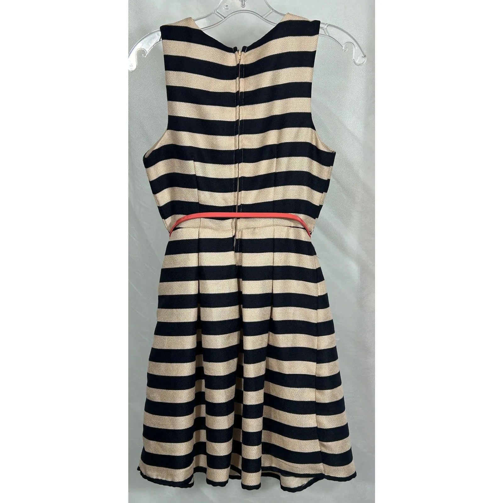 City Studio Navy & Cream Striped Fit & Flare Dress with Coral Belt - Size 3