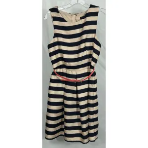 City Studio Navy & Cream Striped Fit & Flare Dress with Coral Belt - Size 3