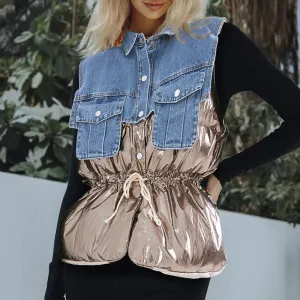Cool Denim Collar Button Down Deconstructed Hybrid Metallic Puffer Vest - Gold
