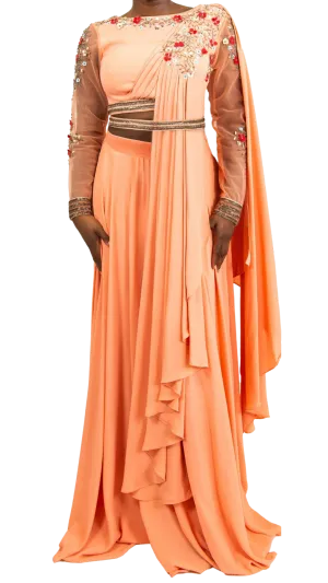 Coral & Floral Embroidered Pre-Draped Belted Sari