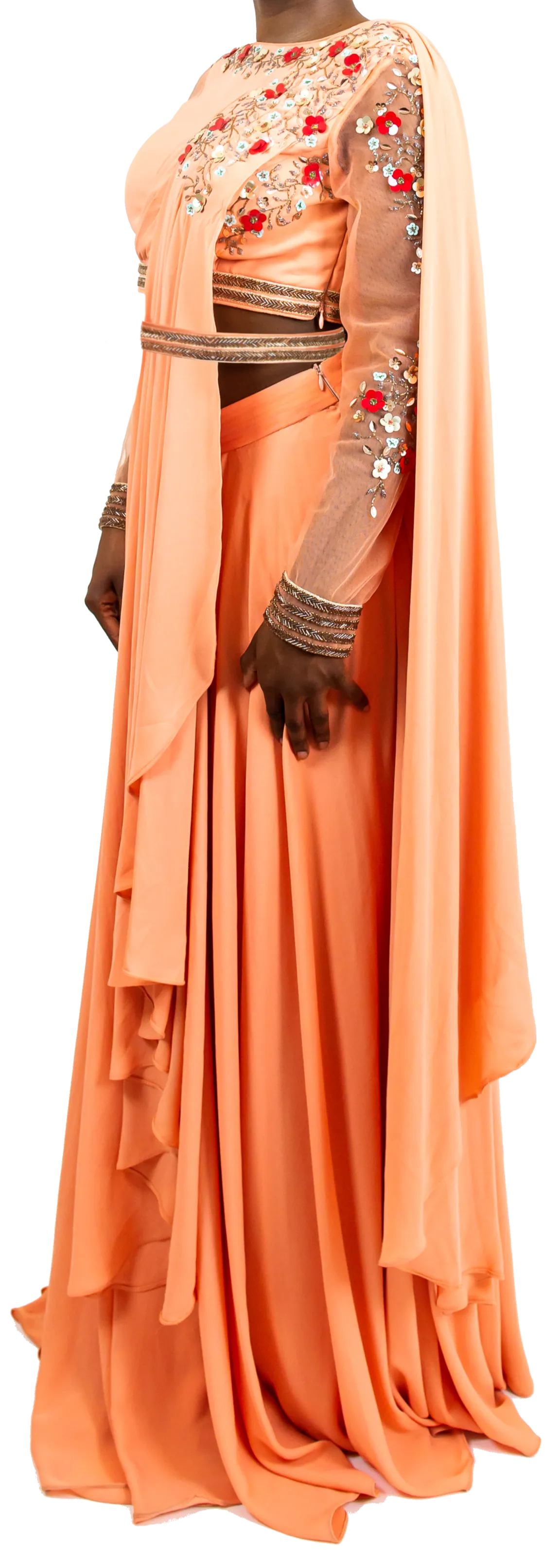 Coral & Floral Embroidered Pre-Draped Belted Sari