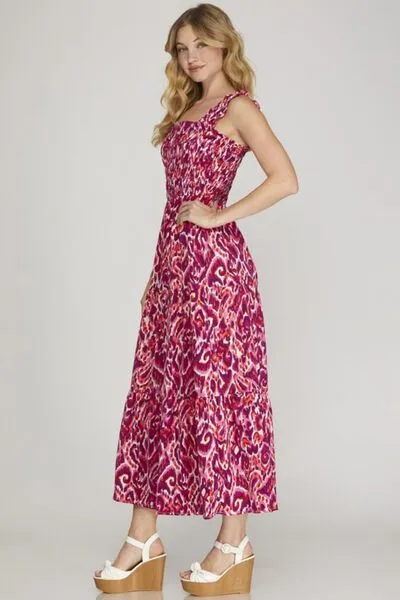 Deep Rose Smocked Printed Wide Strap Tiered Dress