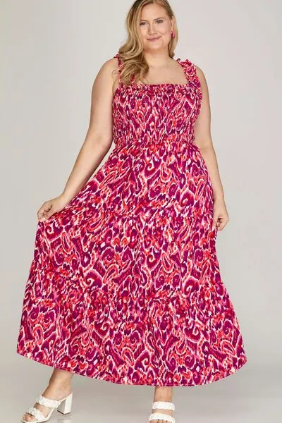 Deep Rose Smocked Printed Wide Strap Tiered Dress