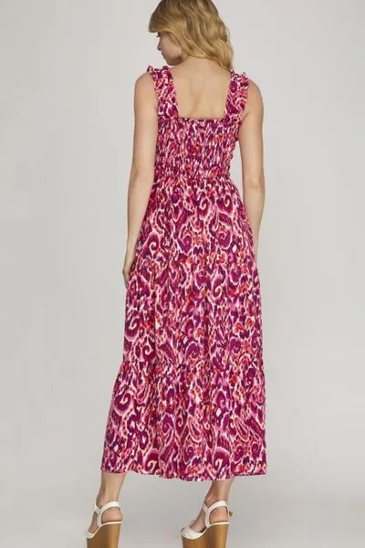 Deep Rose Smocked Printed Wide Strap Tiered Dress