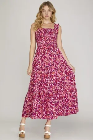 Deep Rose Smocked Printed Wide Strap Tiered Dress