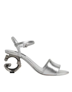 Dolce&Gabbana Women Silver Sandals Leather Ankle Strap Logo Heel Shoes Sz EUR 38