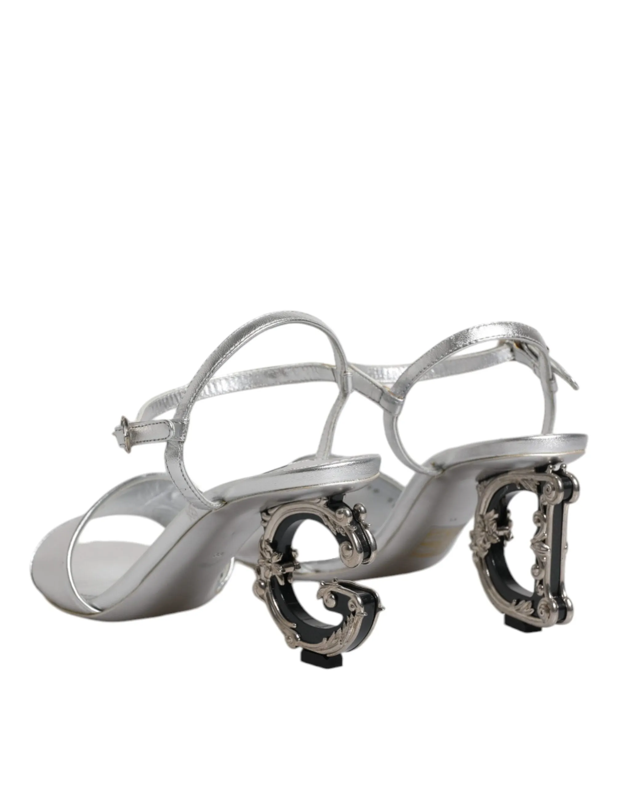 Dolce&Gabbana Women Silver Sandals Leather Ankle Strap Logo Heel Shoes Sz EUR 38