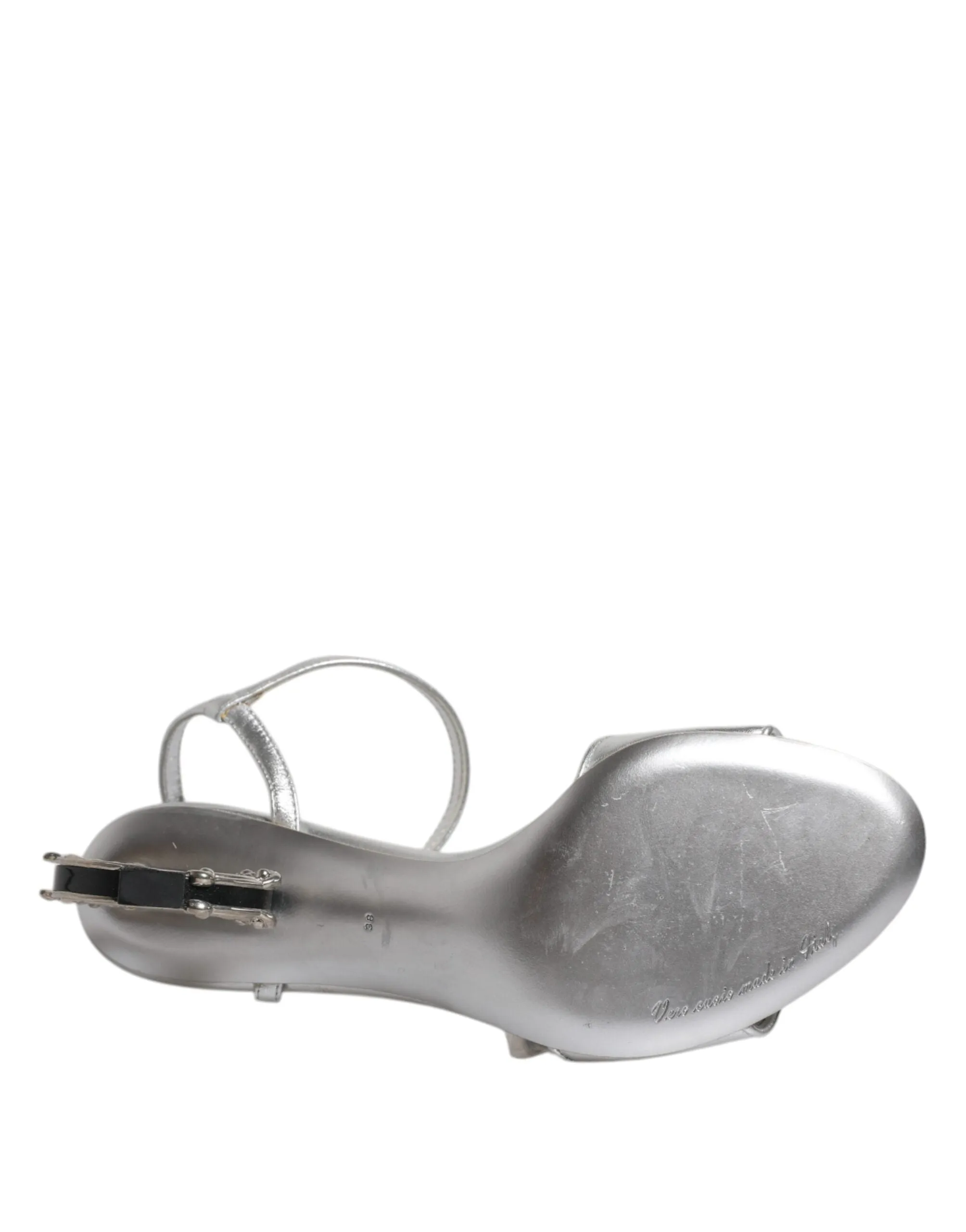 Dolce&Gabbana Women Silver Sandals Leather Ankle Strap Logo Heel Shoes Sz EUR 38