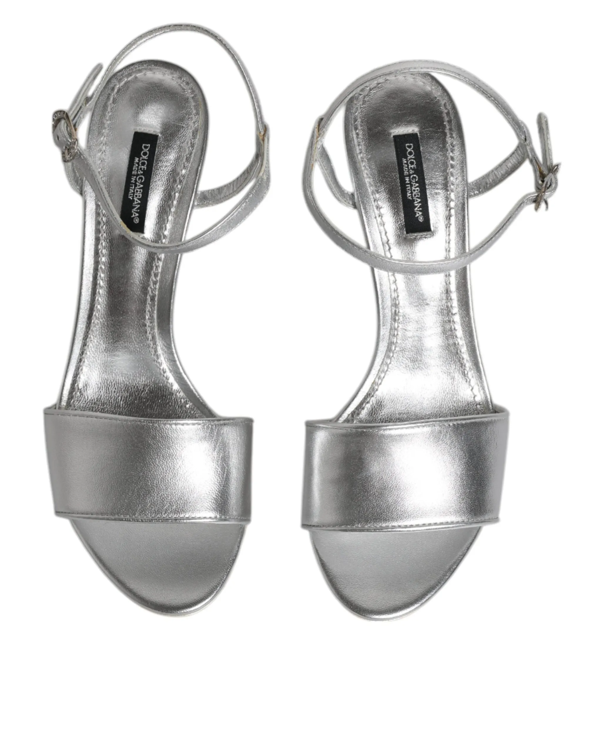 Dolce&Gabbana Women Silver Sandals Leather Ankle Strap Logo Heel Shoes Sz EUR 38