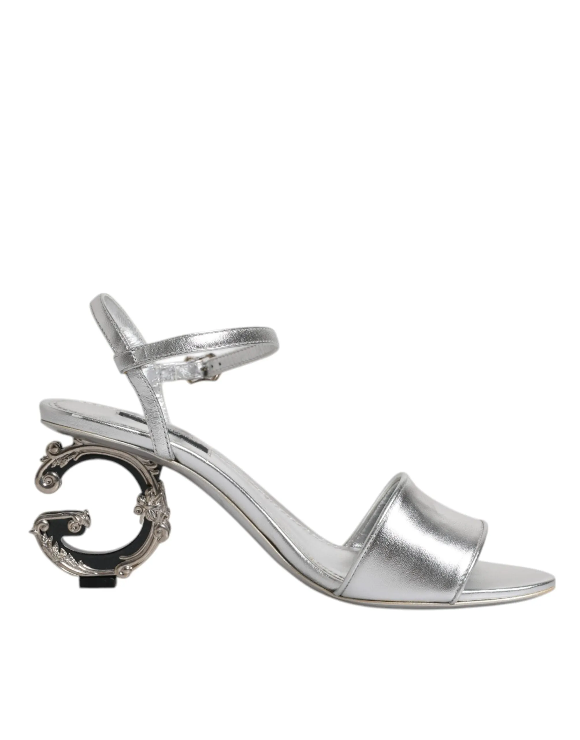 Dolce&Gabbana Women Silver Sandals Leather Ankle Strap Logo Heel Shoes Sz EUR 38