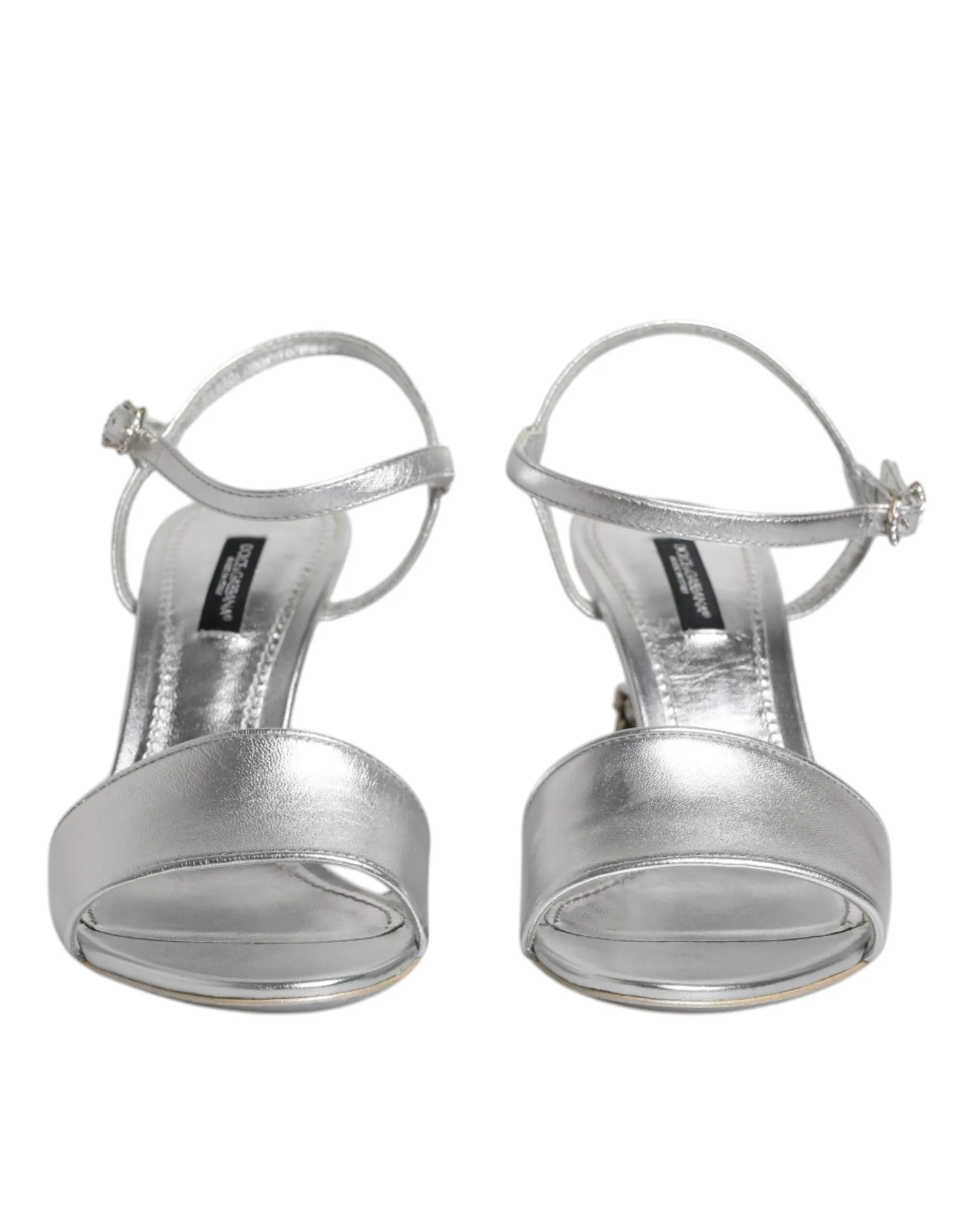 Dolce&Gabbana Women Silver Sandals Leather Ankle Strap Logo Heel Shoes Sz EUR 38