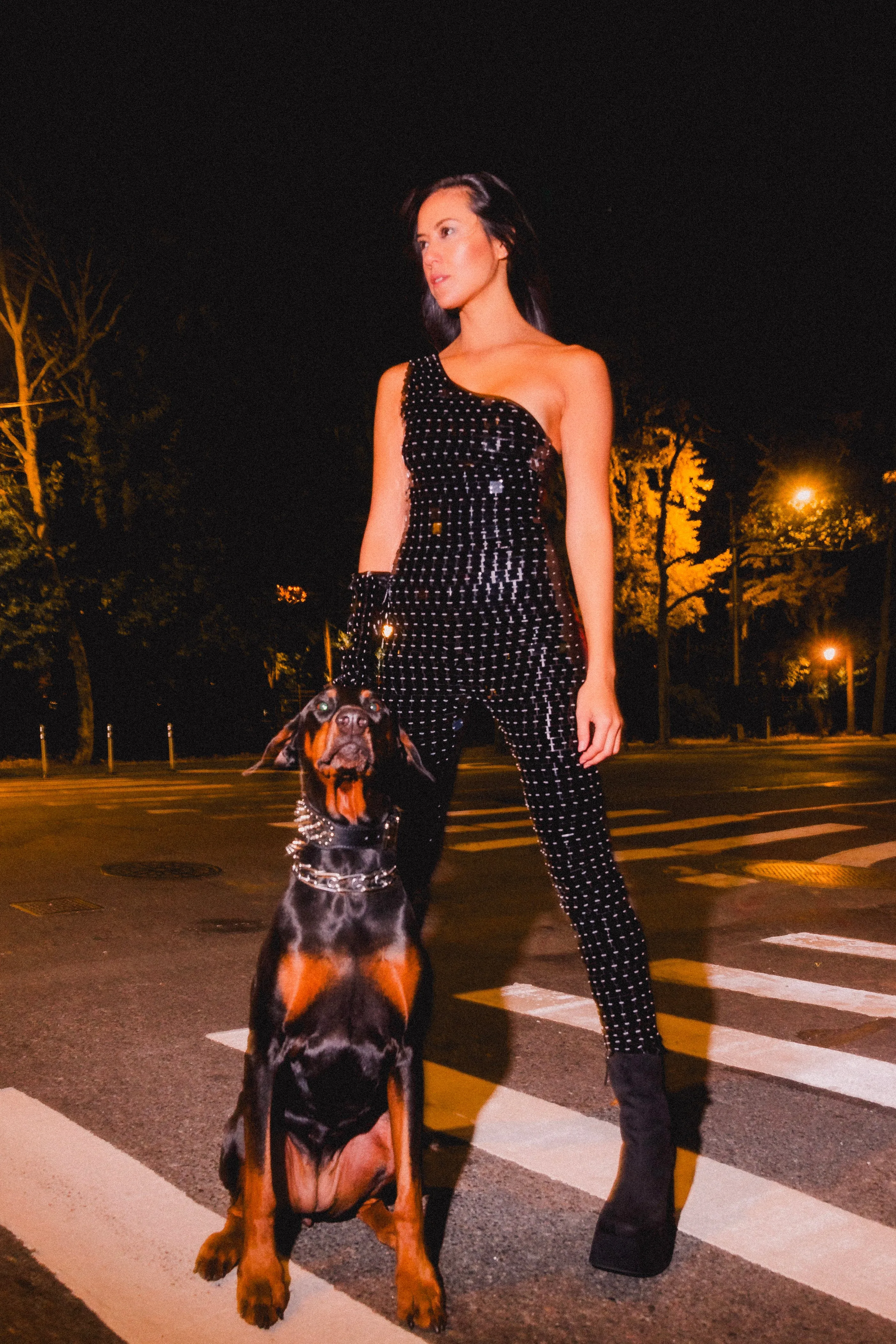 Elektra One Shoulder Black Mirrored Catsuit by Dani Watanabe