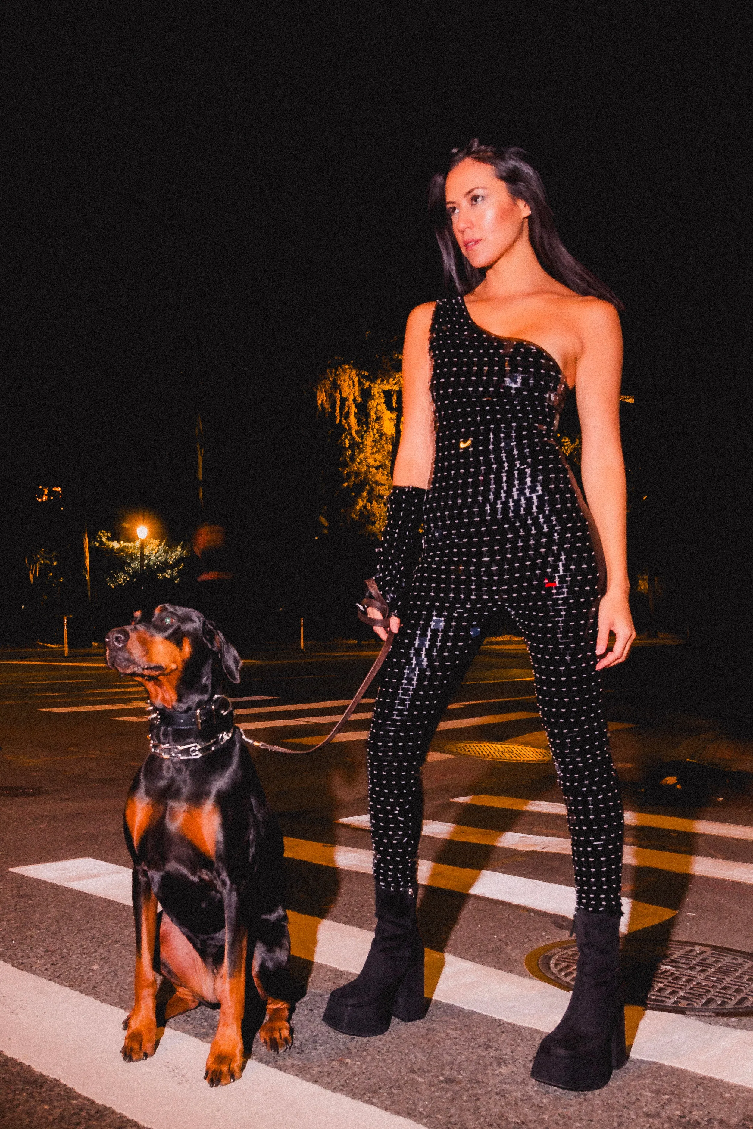 Elektra One Shoulder Black Mirrored Catsuit by Dani Watanabe
