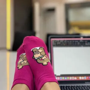 Fuchsia Pink Stylish Socks Teddy Bear Sneaker Socks (Pack Of 1) 2N